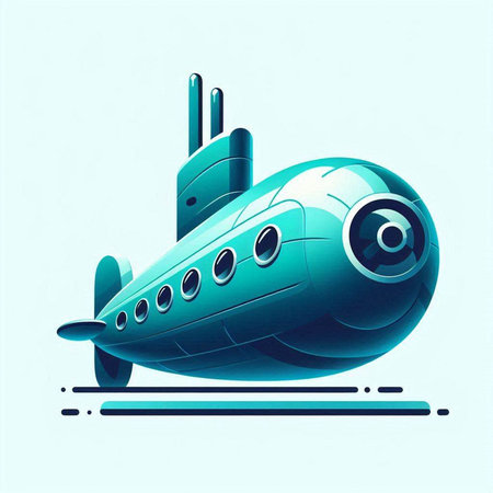 Vector illustration of a blue submarine in cartoon style on a blue backgroundのイラスト素材