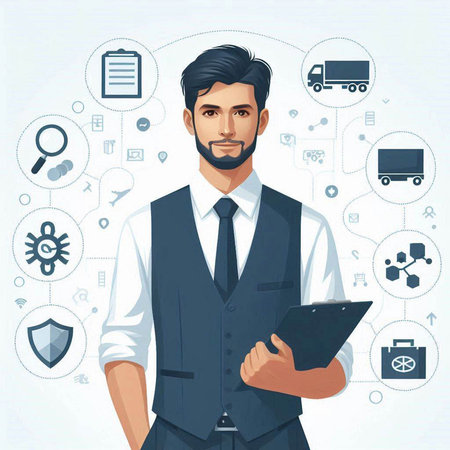 Vector illustration of a man in a suit with a tablet in his hands. Flat style.のイラスト素材