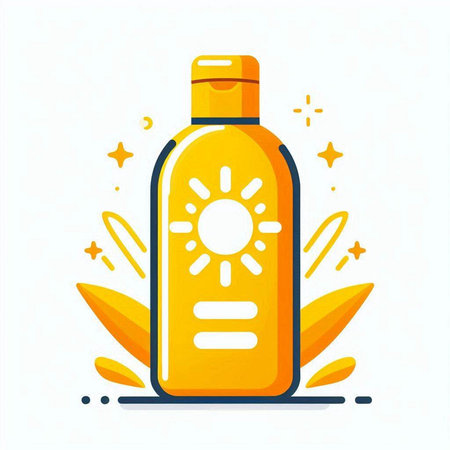 Sunscreen bottle icon. Sunblock bottle with sunbeams and leaves.のイラスト素材