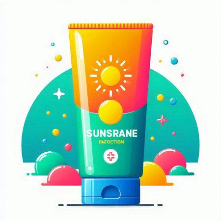 Sunscreen cream in a tube on a colorful background. Vector illustration
