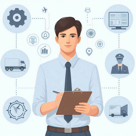 Handsome young man with clipboard and icons. Vector illustration.のイラスト素材