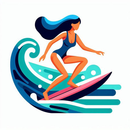 Surfer girl in a swimsuit on a surfboard. Vector illustrationのイラスト素材