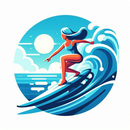 Surfer girl on a surfboard in the sea. Vector illustrationのイラスト素材