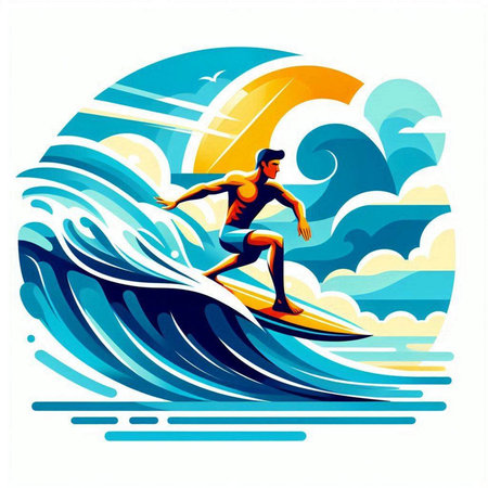 Surfer on the surfboard. Vector illustration in retro style.のイラスト素材