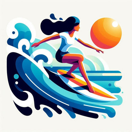 Surfer girl on the waves. Vector illustration in flat style.のイラスト素材