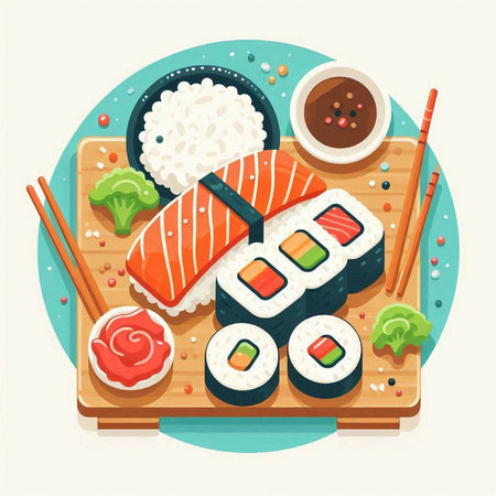 Sushi rolls on wooden board. Vector illustration in flat style.のイラスト素材