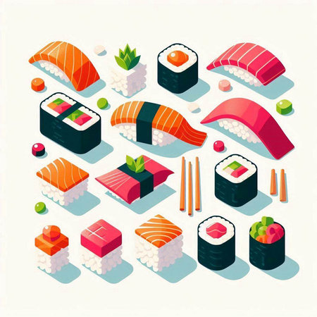 Sushi isometric icons set with rolls and wasabi isolated vector illustrationのイラスト素材