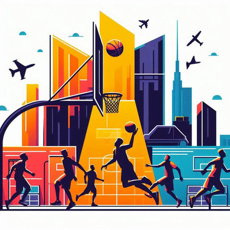 Basketball players in the city. Vector illustration in retro style.のイラスト素材