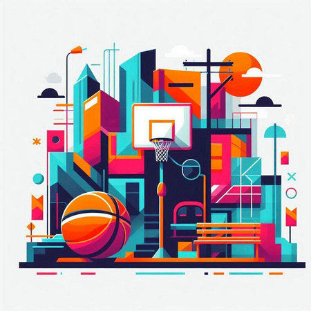 Abstract background with basketball ball, basketball court and city. Vector illustration.のイラスト素材