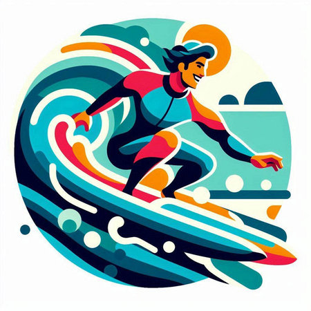 Surfer on the surfboard in the waves. Vector illustration.のイラスト素材