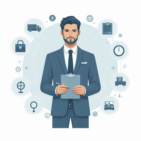Businessman with clipboard and icons around him. Vector illustration in cartoon style.のイラスト素材
