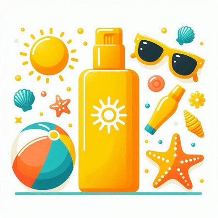 Sunblock, sunblock, starfish, beach ball, sunglasses, sunscreen lotion. Vector illustrationのイラスト素材