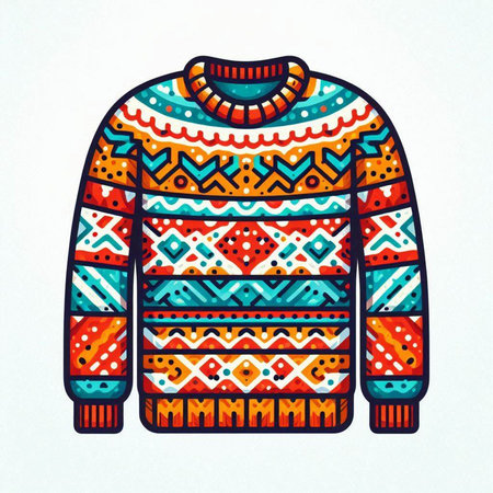 Vector illustration of knitted sweater with geometric ornament. Colorful winter clothing.のイラスト素材
