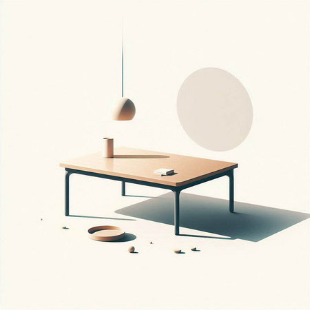 3d rendering of a desk with a lamp and a cup of coffee
