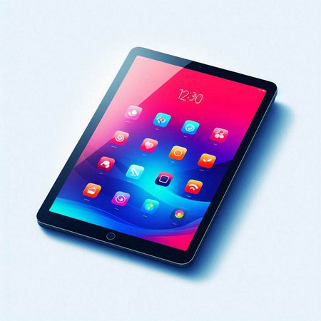 Tablet PC with colorful application icons on the screen. Vector illustration.