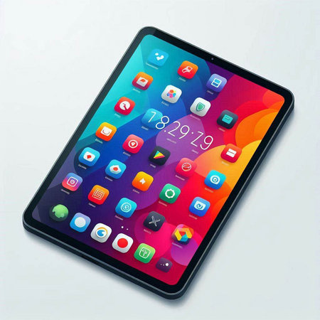 Tablet pc with colorful application icons isolated on white background. Vector illustration.