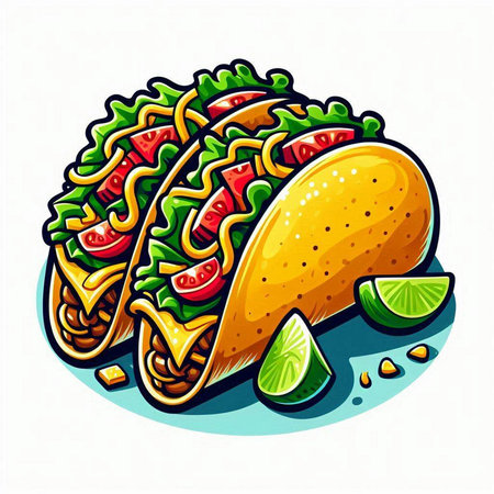 Taco with meat, vegetables and cheese. Vector cartoon illustration.のイラスト素材