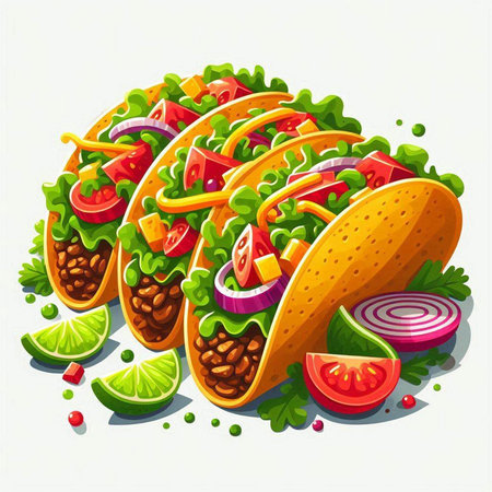 Mexican tacos with vegetables and meat. Vector illustration of tacos.のイラスト素材