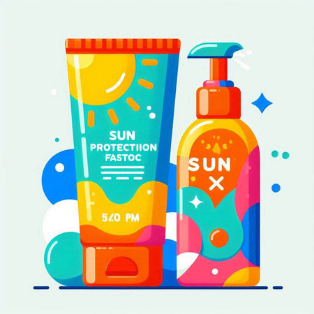 Sun protection products. Vector illustration in flat cartoon style. Set of cosmetic products for skin care.のイラスト素材