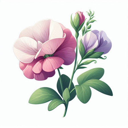 Illustration of pink and violet flowers, isolated on white background.のイラスト素材