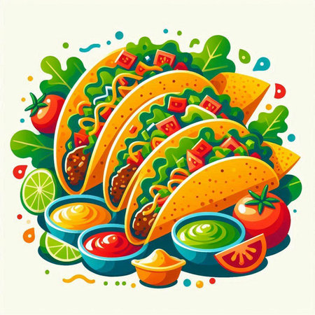 Mexican food. Vector illustration of tacos with salsa and guacamoleのイラスト素材
