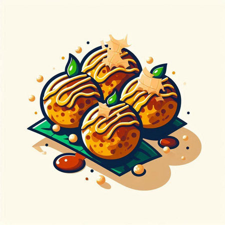illustration of dumplings with caramel sauce on a white backgroundのイラスト素材