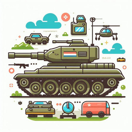 Military tank. Vector illustration in flat line style. Tank with timer, car, car, clock and cloud.のイラスト素材