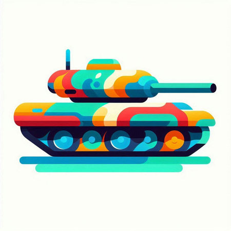Cartoon tank. Colorful vector illustration. Isolated on blue background.のイラスト素材