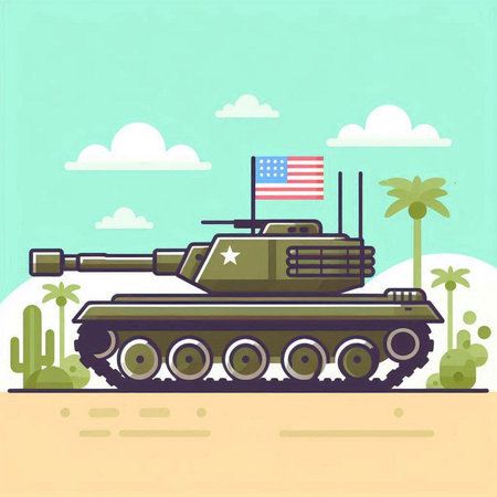 Military tank with American flag on the background of palm trees. Vector illustrationのイラスト素材