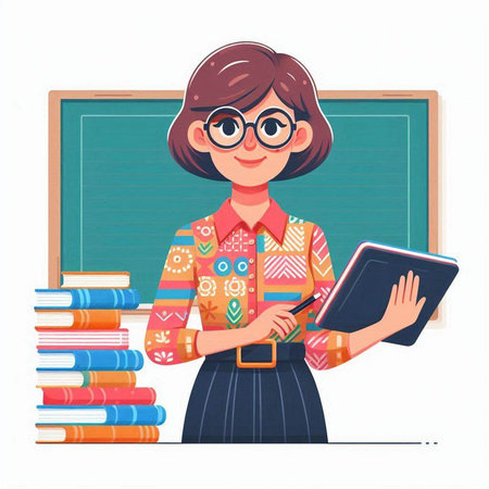 Teacher girl in glasses with book and chalkboard. Vector illustrationのイラスト素材