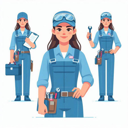 Female mechanic in uniform with tools. Vector illustration in cartoon style.のイラスト素材