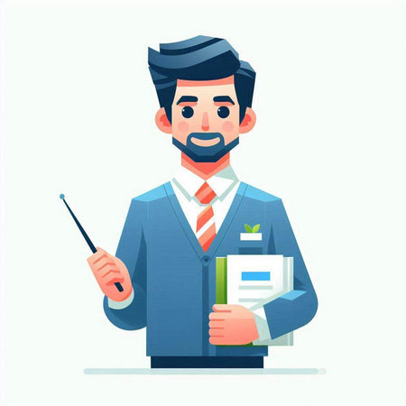 Businessman with documents and pointer. Vector illustration in a flat style