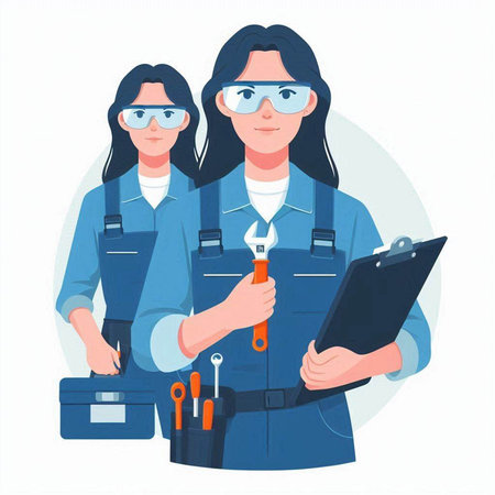 Vector illustration of a female mechanic in uniform and glasses holding a spanner and a clipboardのイラスト素材