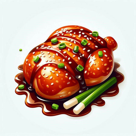Illustration of chicken with sauce and green onions on a white backgroundのイラスト素材