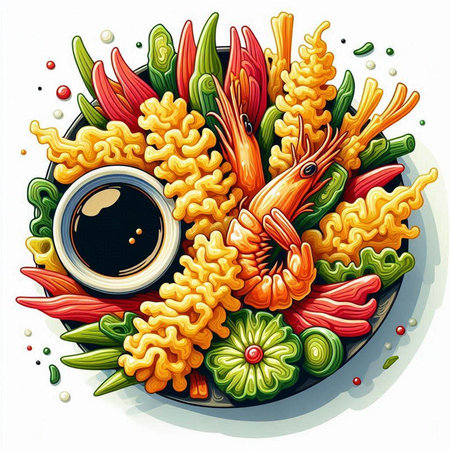 Noodles with shrimps and chili pepper. Vector illustrationのイラスト素材