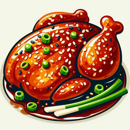 Illustration of roasted chicken with green onion and sesame seeds.のイラスト素材