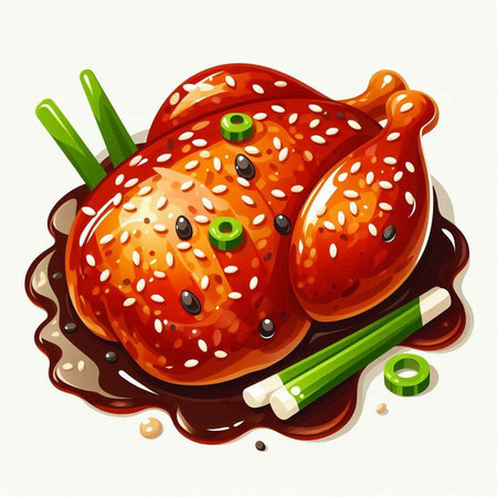 Illustration of a grilled chicken with green onions and sesame seedsのイラスト素材