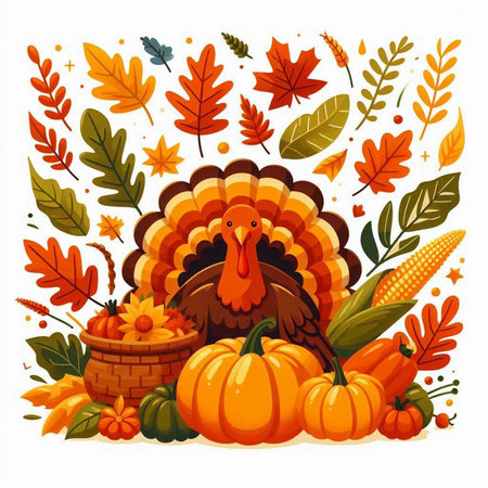 Thanksgiving day background with turkey and pumpkins. Vector illustration.