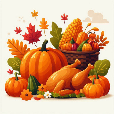 Thanksgiving day. Cute cartoon turkey, pumpkins and autumn leaves. Vector illustrationのイラスト素材