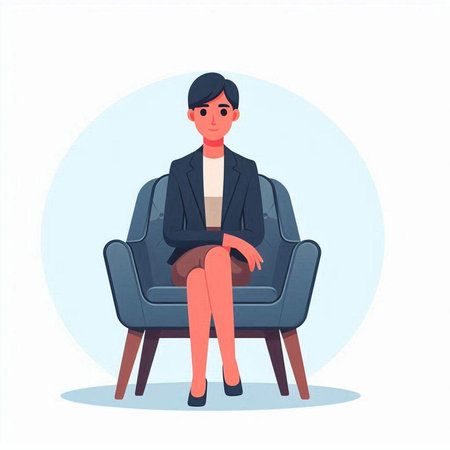 Young woman sitting in armchair. Vector illustration in cartoon style.のイラスト素材