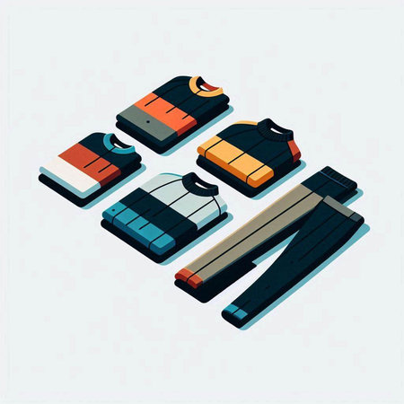 Clothing isometric vector illustration. Collection of winter and autumn clothes.