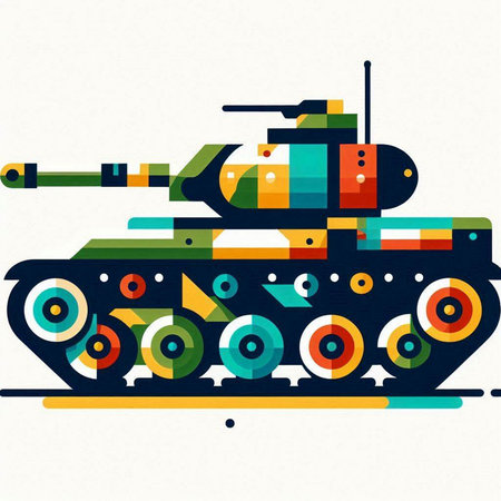 Military tank with multicolored geometric elements on white background, vector illustrationのイラスト素材