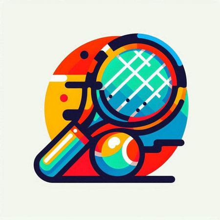 Tennis racket and ball with magnifying glass. Vector icon.のイラスト素材