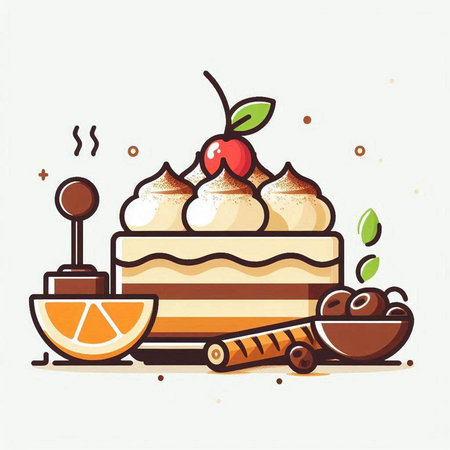 Cake with cherries, cream and cinnamon. Vector illustration.のイラスト素材
