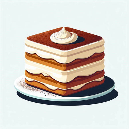 Tiramisu cake on a plate. Vector illustration in cartoon style.