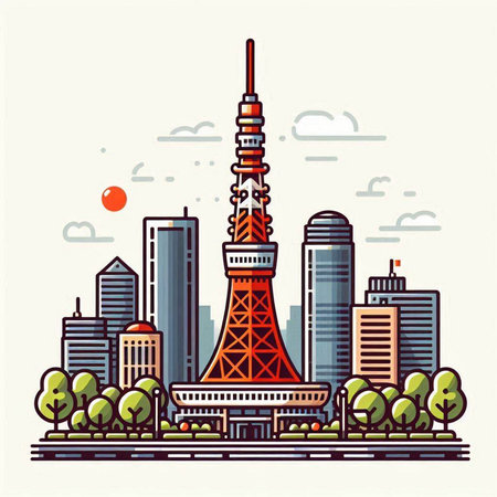 Tokyo tower. Japan. Vector illustration in flat linear style.のイラスト素材
