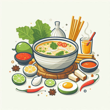 Vector illustration of Chinese soup in bowl with chopsticks, noodles, vegetables and spices.のイラスト素材
