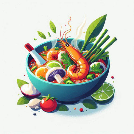Tom Yum soup with shrimps and vegetables in bowl. Vector illustration.のイラスト素材