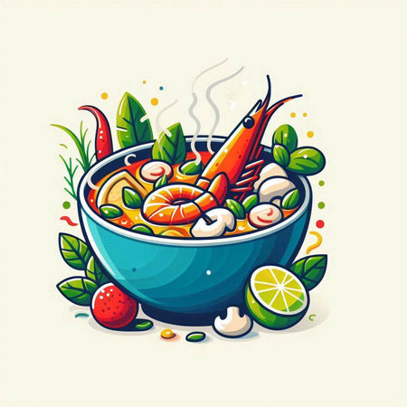 Illustration of a bowl of shrimps soup with vegetables and spices