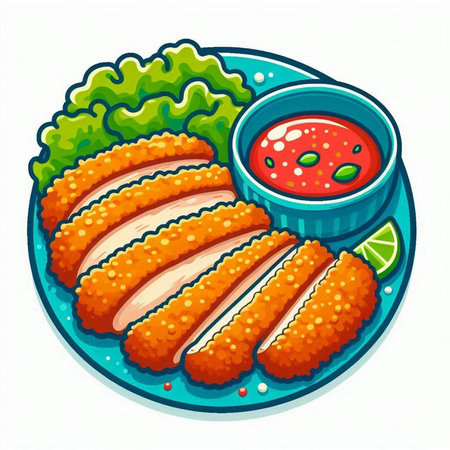 Illustration of fried chicken on a plate with sauce and salad.のイラスト素材